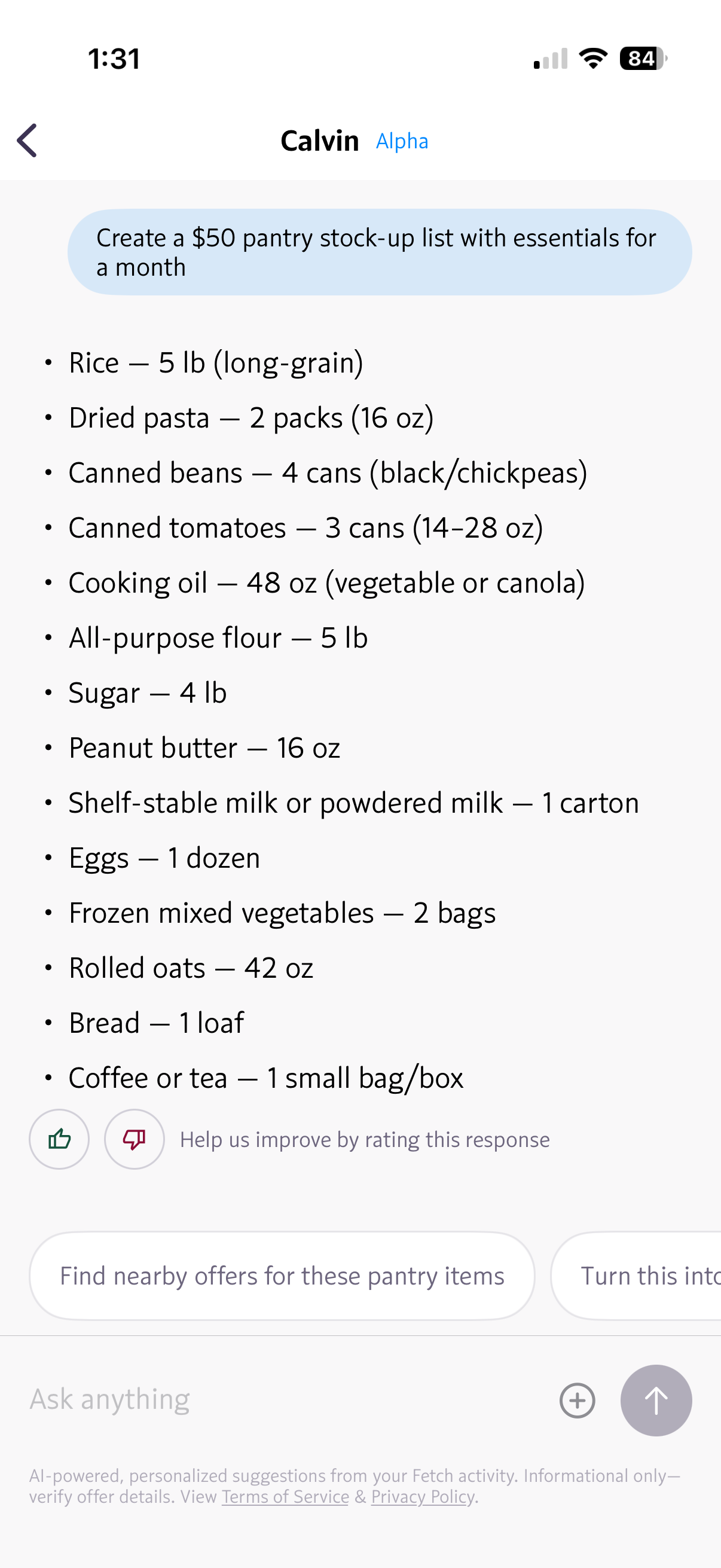 AI-generated $50 pantry stock-up list with 14 personalized items