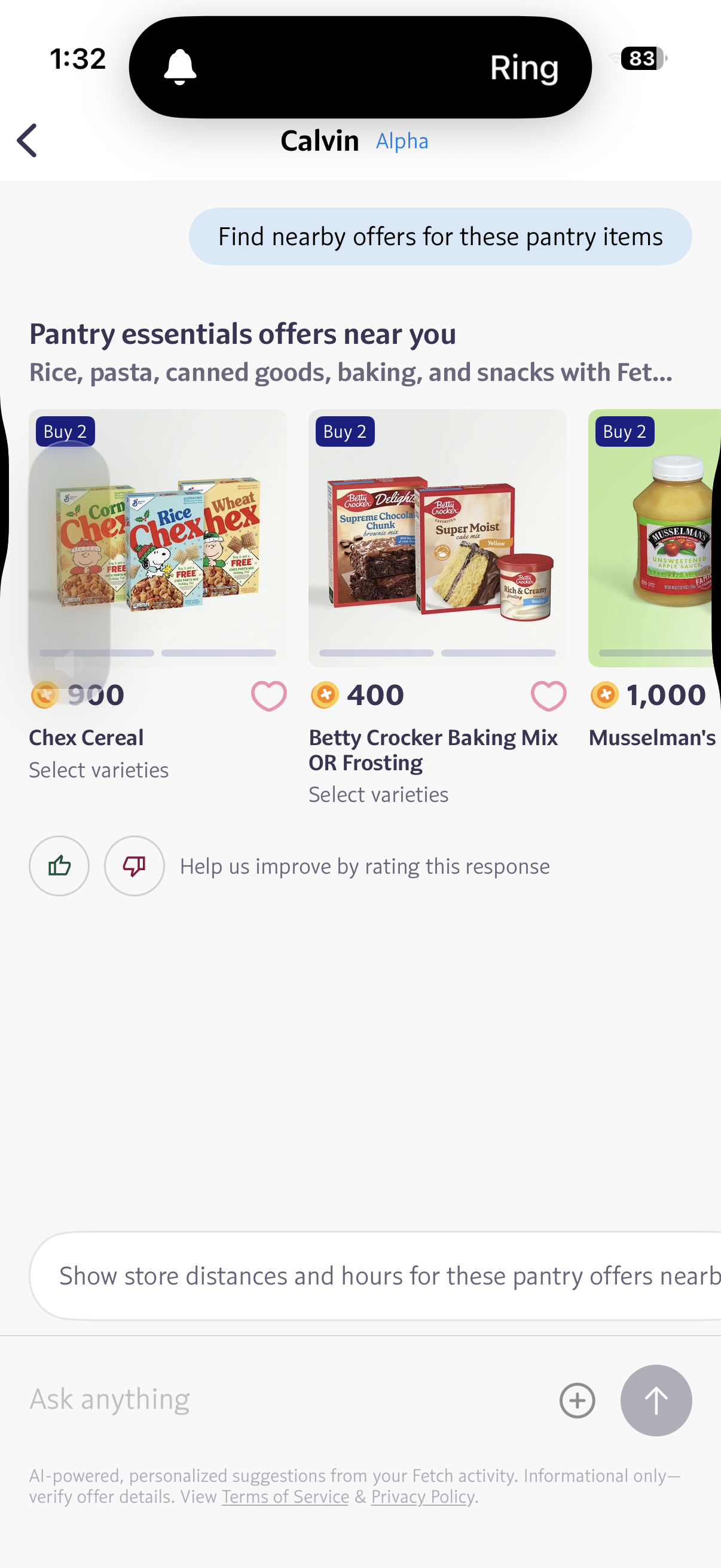 Product offer cards with Fetch points, pricing, and visual recommendations