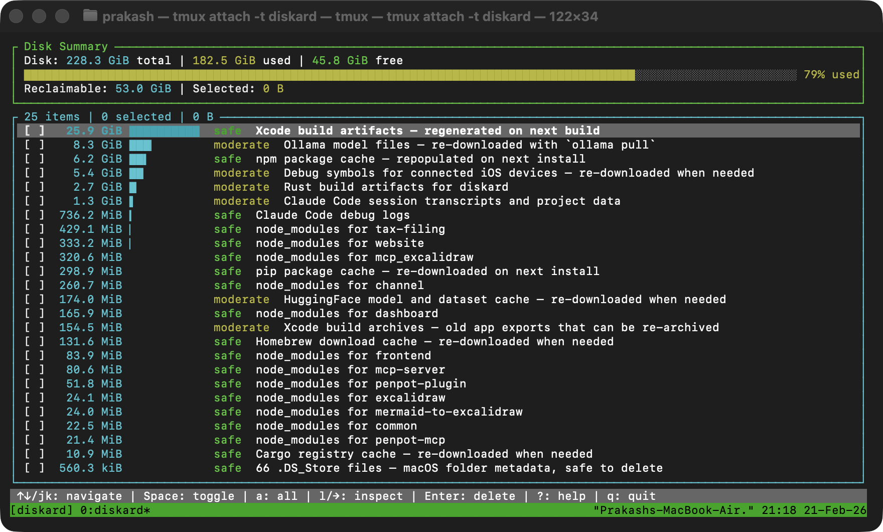 Interactive TUI showing scan results with 26 reclaimable items sorted by size