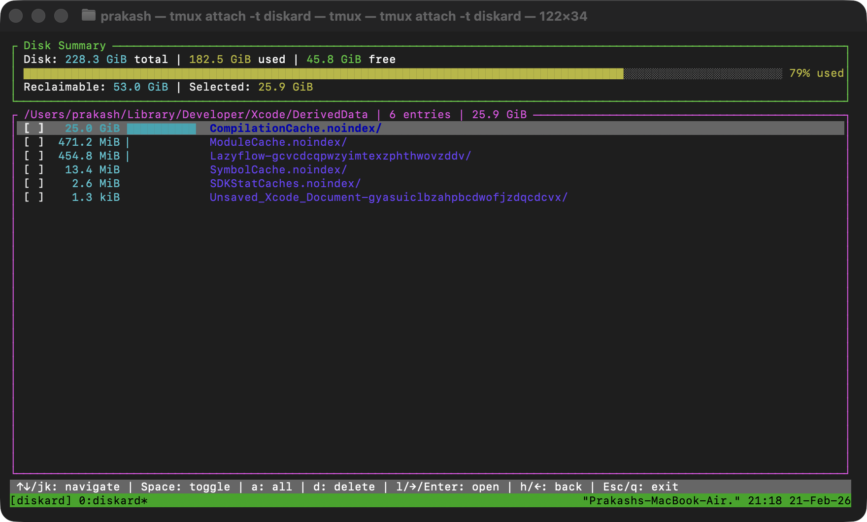 Drill-down view inspecting Xcode DerivedData directory contents