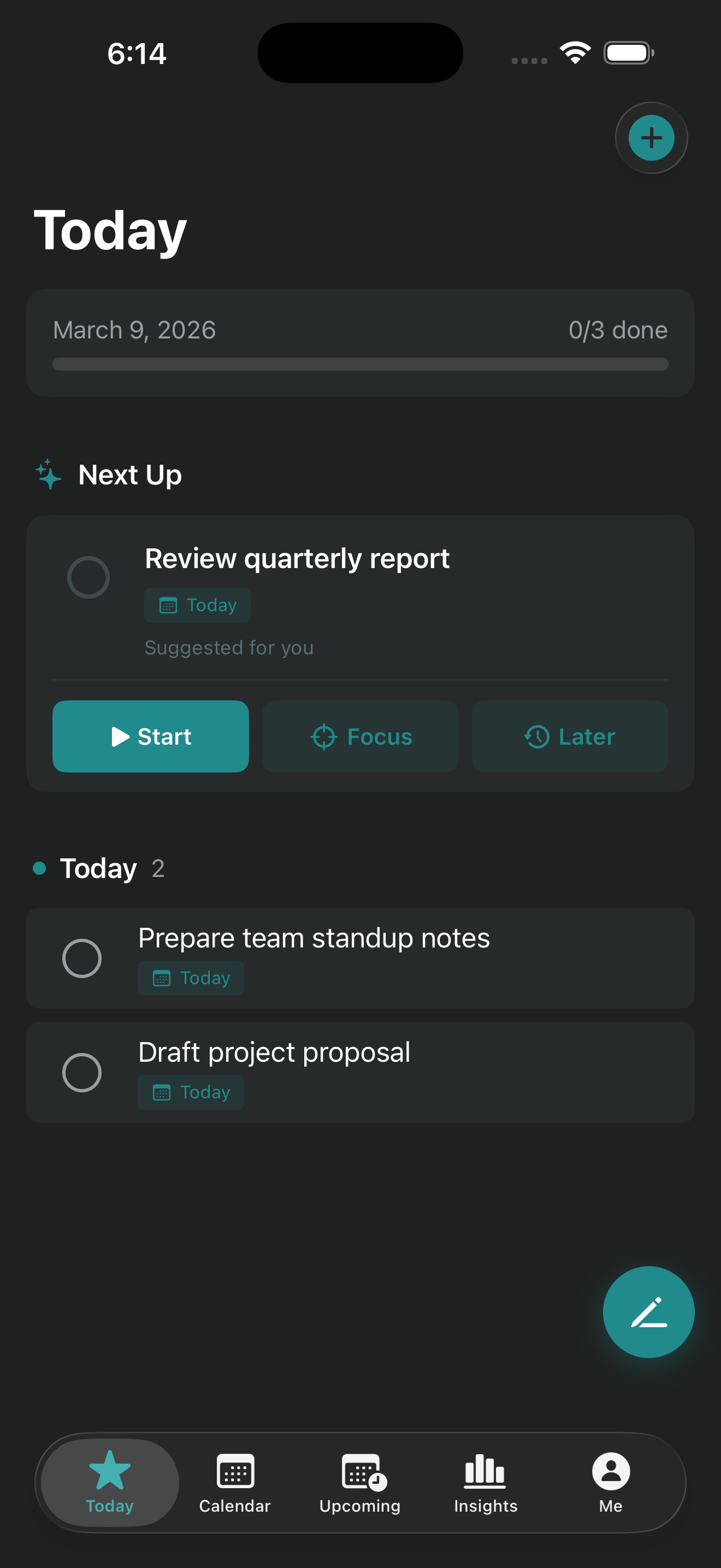 Today view with Next Up AI suggestion, Start/Focus/Later actions, and draggable Quick Capture button