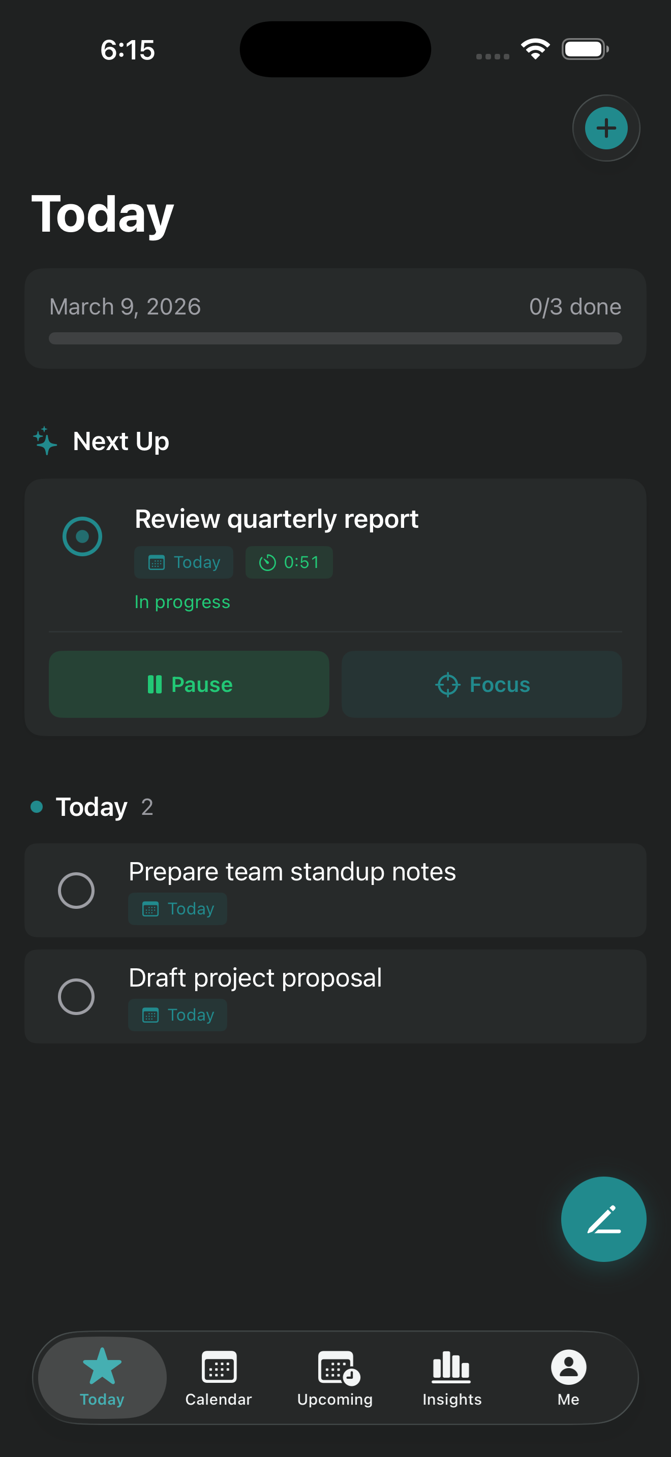 Active task with time tracking, pause control, and one-tap Focus Mode entry