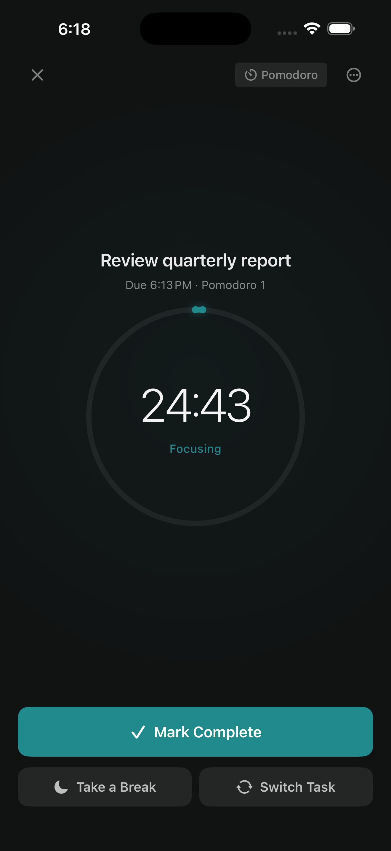 Focus Mode with Pomodoro timer, session tracking, and distraction-free interface
