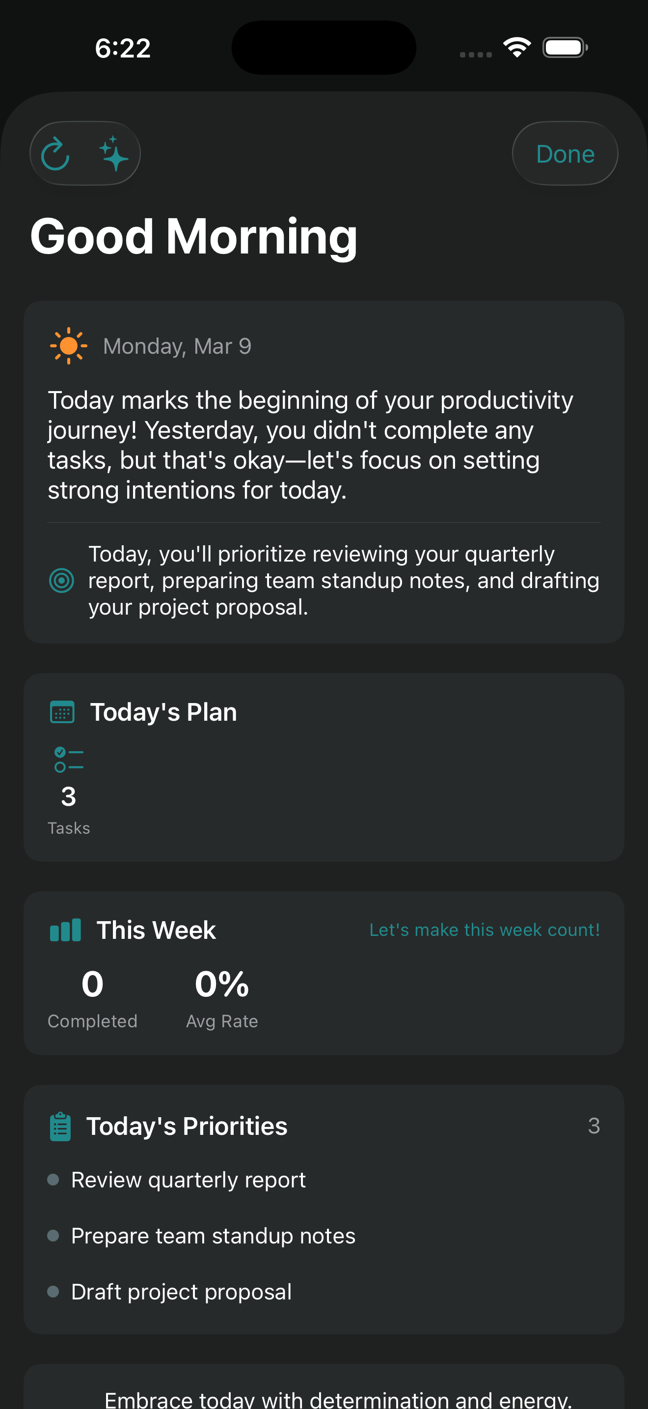 AI-generated Morning Briefing with yesterday's recap, today's plan, and weekly stats