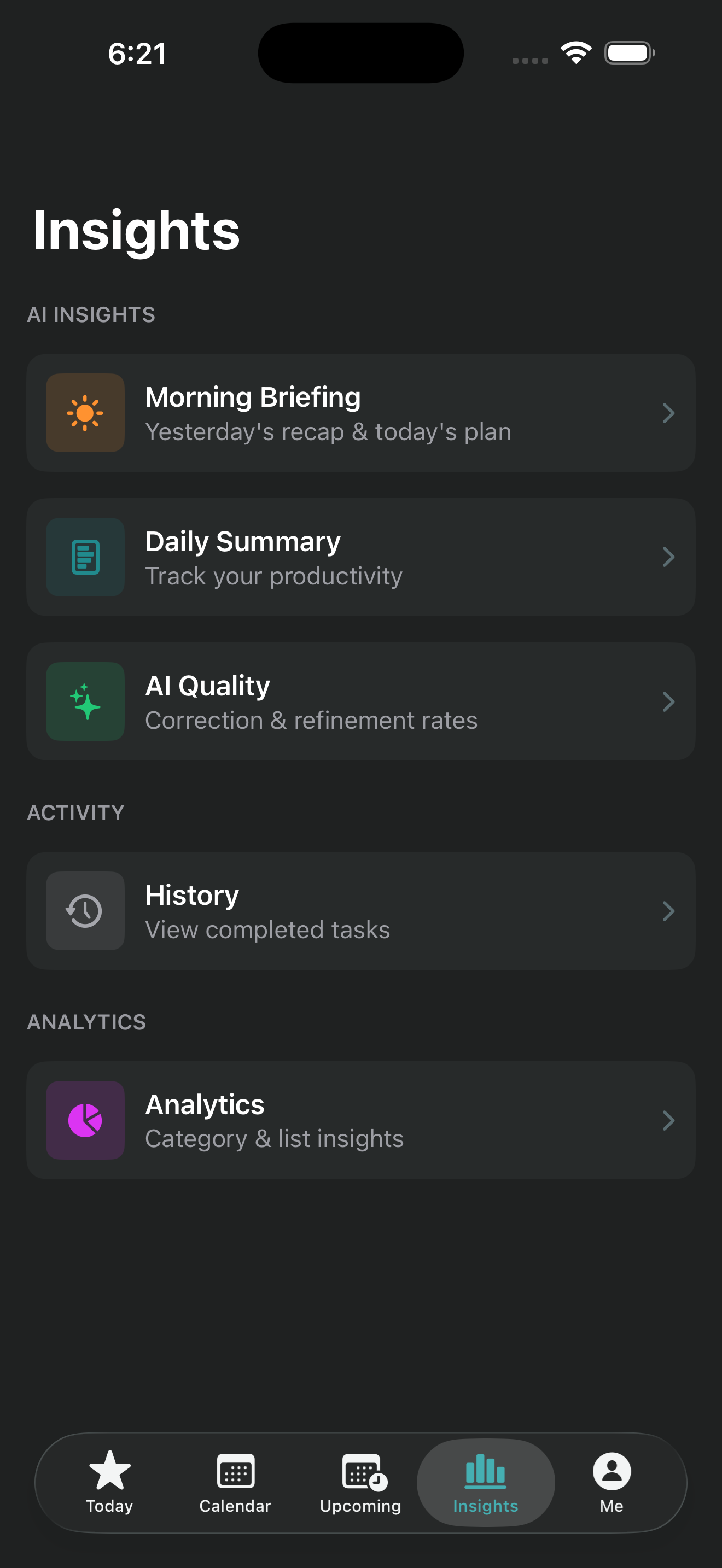 Insights hub with Morning Briefing, Daily Summary, AI Quality metrics, History, and Analytics