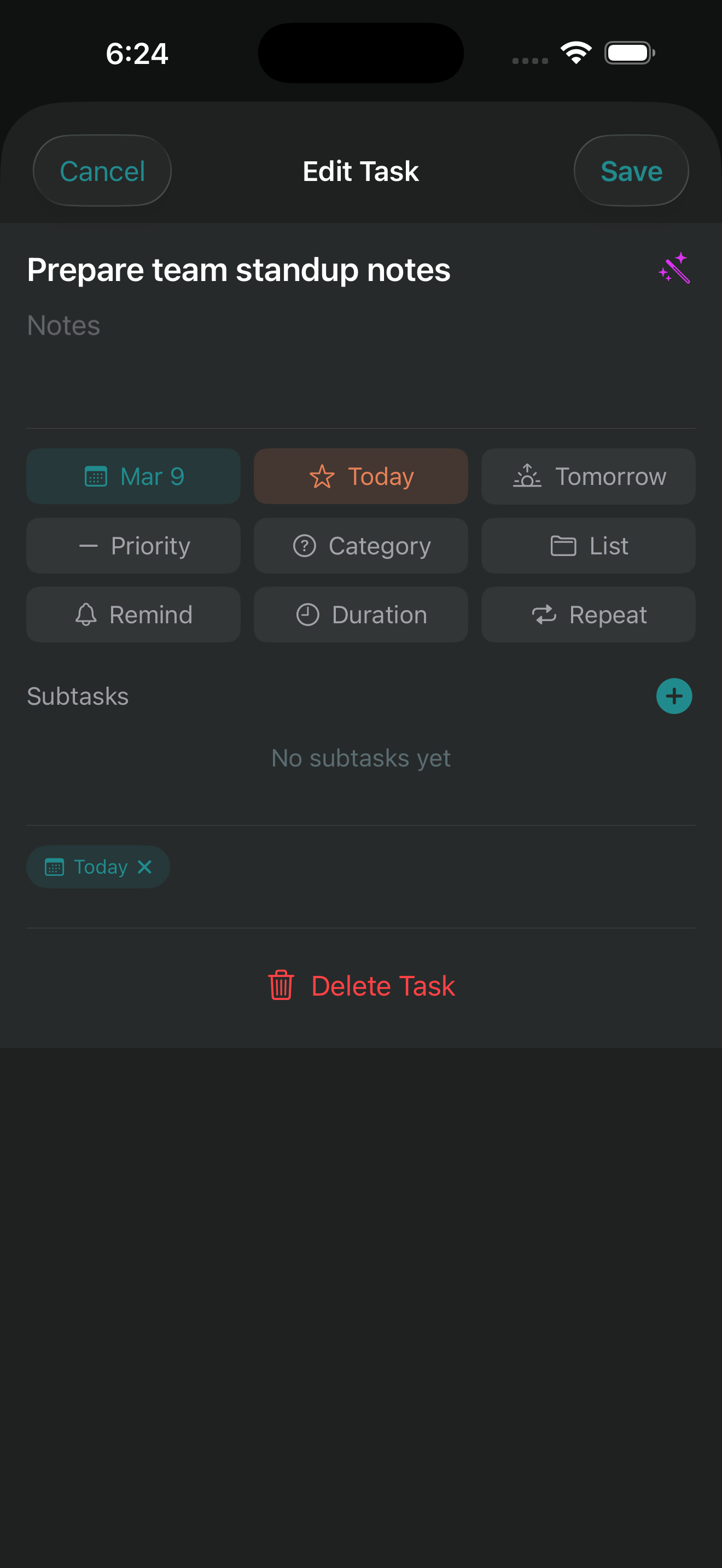 Task editor with date, priority, category, list, reminders, duration, recurrence, and subtasks